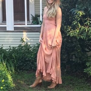 ❤️Backless Peach Smocked Maxi Dress Lace Detail Milkmaid Feminine Cottagecore